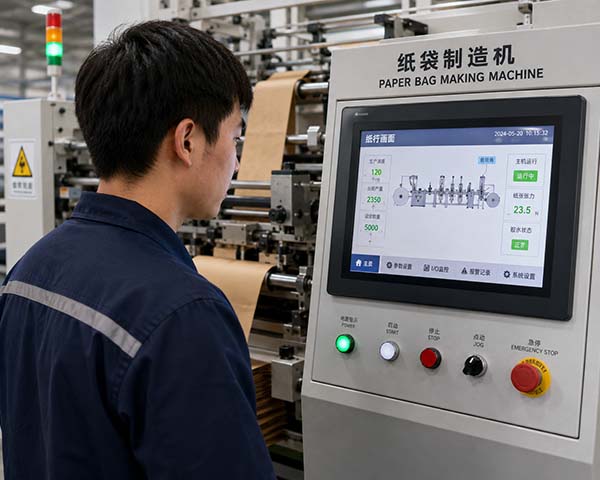 New operator learning how to operate a paper bag making machine using the touchscreen HMI interface
