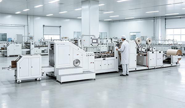 Operator performing routine inspection on a paper bag making machine in a clean production environment