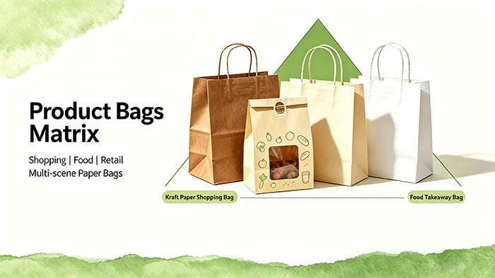 Assortment of eco-friendly paper bags including shopping bags, food bags, and retail carrier bags