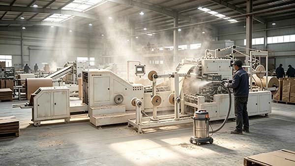 Operator cleaning paper dust from guide rollers on a fully automatic handle paper bag machine